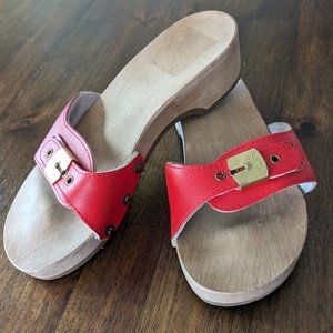 Dr. Scholl’s Original Vintage Red Leather Wood "Exercise" Sandals 1950s 50s